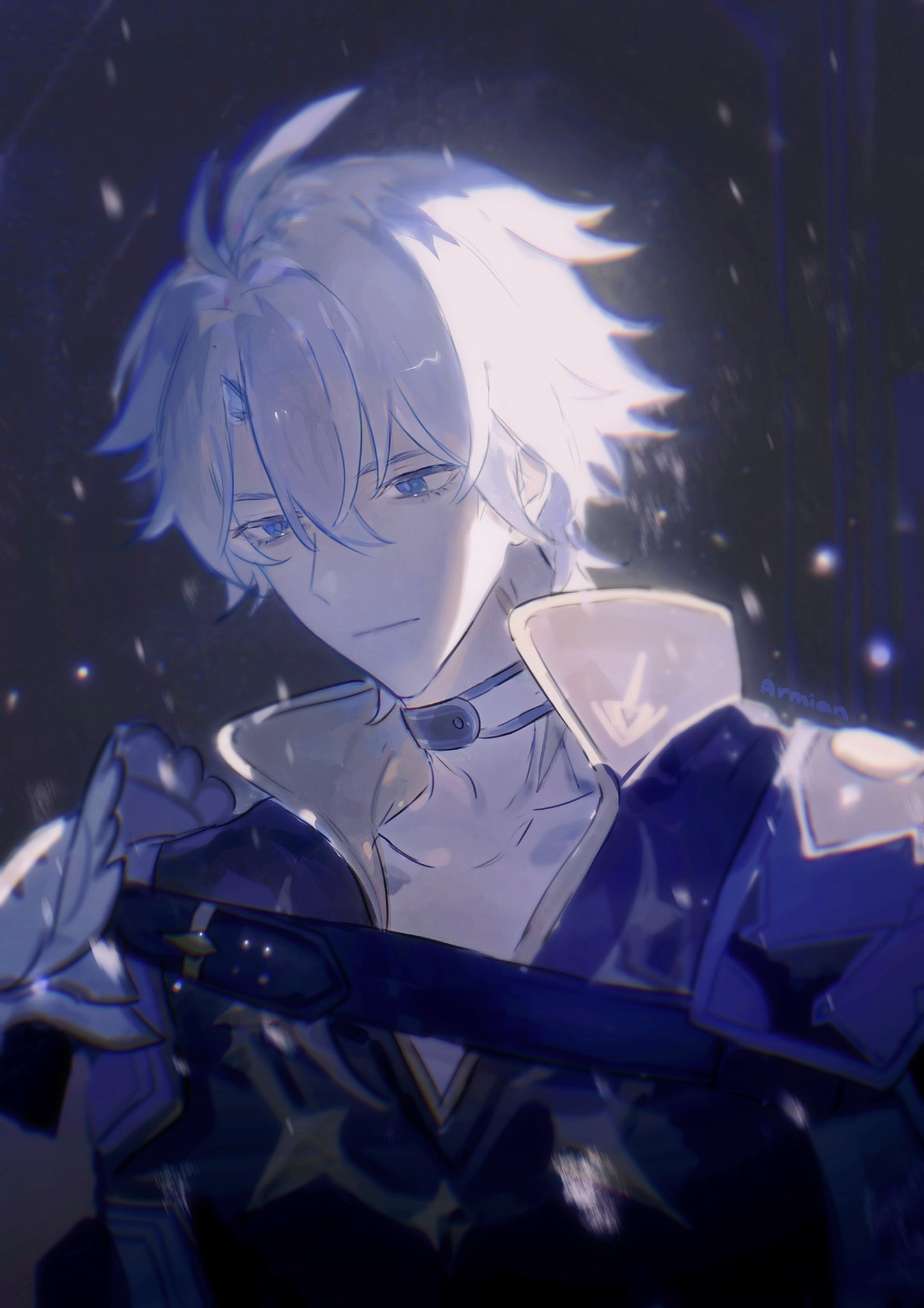 1boy, antenna_hair, armian, armor, artist_name, black_choker, black_shirt, blue_eyes