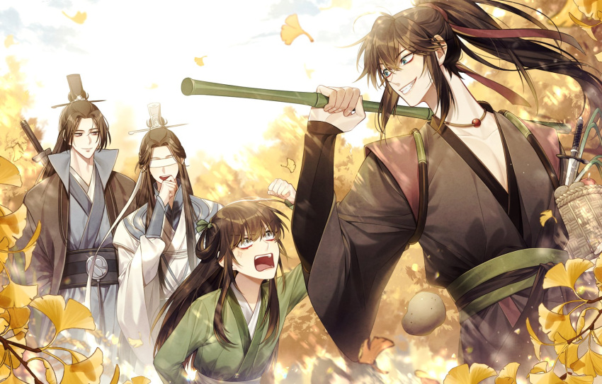 1girl, 3boys, a-qing, angry, arm_up, asis_5475, autumn, autumn_leaves
