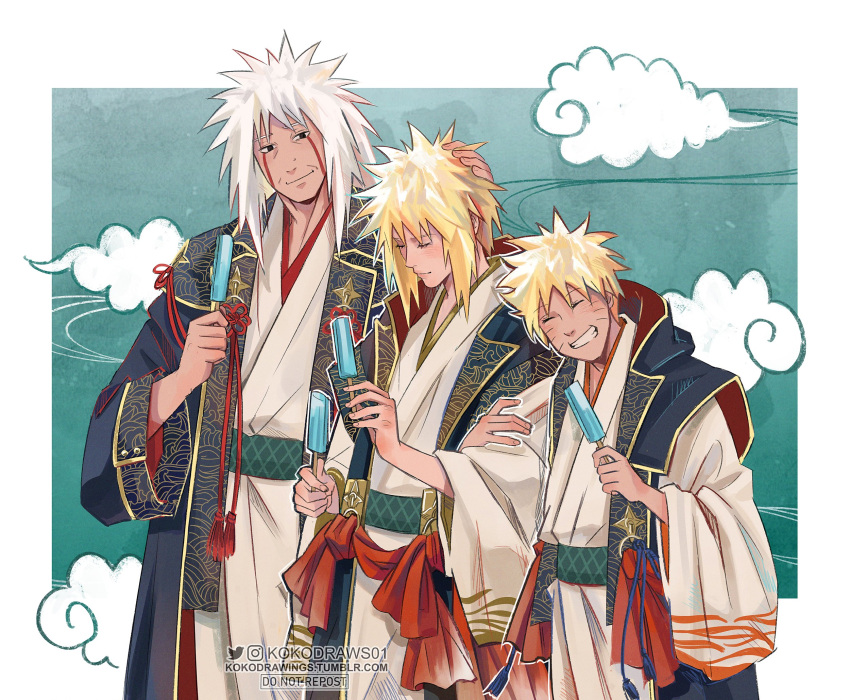 3boys, artist_name, blonde_hair, food, happy, highres, ice_cream, jiraiya_(naruto)