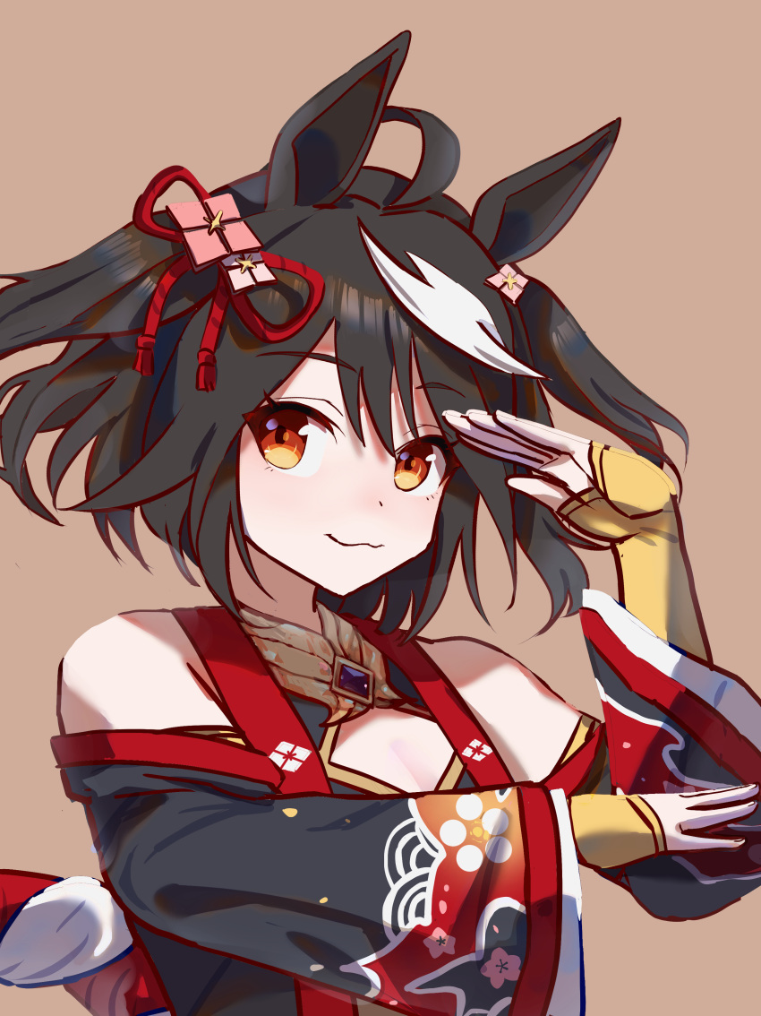 1girl, :3, absurdres, ahoge, animal_ears, bare_shoulders, black_hair, brown_background