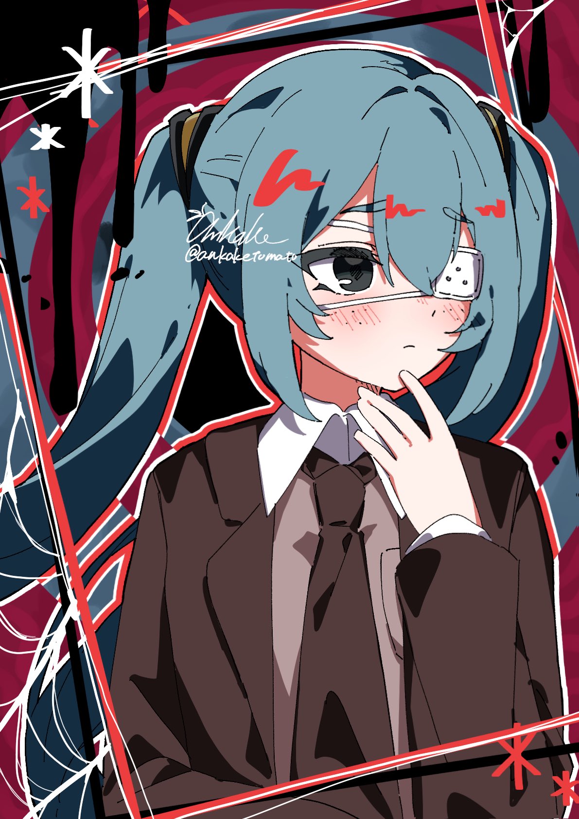 1girl, ankaketomato, aqua_hair, black_eyes, blazer, brown_jacket, brown_necktie, brown_vest, collared_shirt, double-parted_bangs, eyepatch, frown, hair_between_eyes, hatsune_miku, highres, jacket, medical_eyepatch, monitoring_(vocaloid), necktie, one_eye_covered, open_clothes, open_jacket, shirt, signature, twintails, twitter_username, vest, vocaloid, white_shirt
