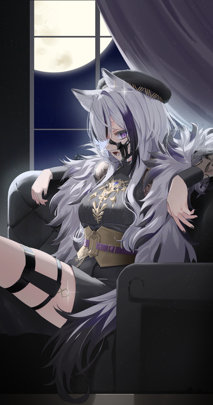 1girl, absurdres, animal_ear_piercing, animal_ears, arm_rest, belt, beret, black_hair