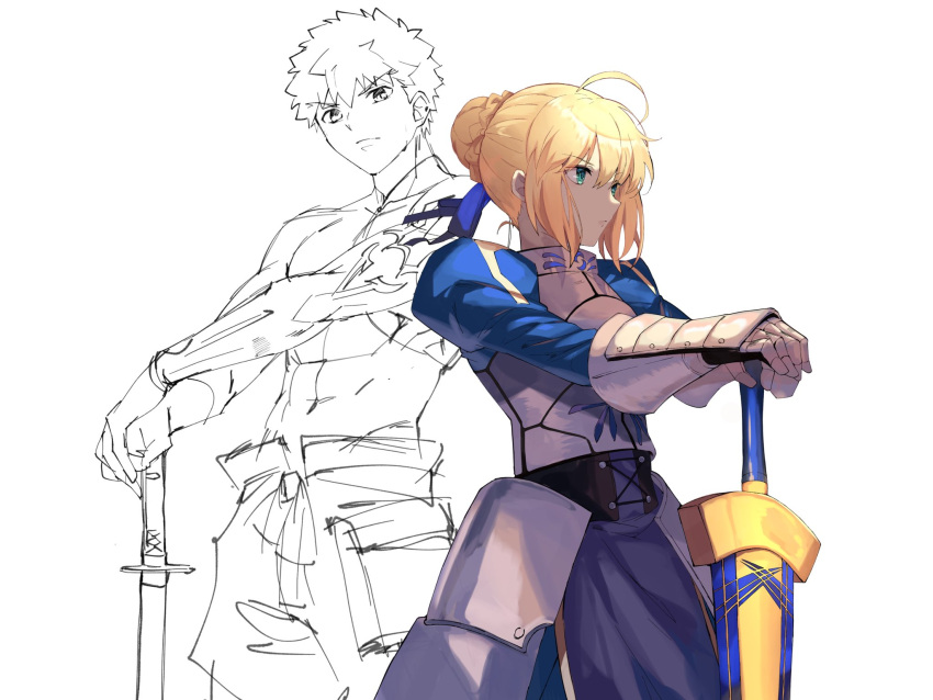 1boy, 1girl, artoria_pendragon_(fate), avalon_(fate), blonde_hair, emiya_shirou, excalibur_(fate/stay_night), fate/grand_order