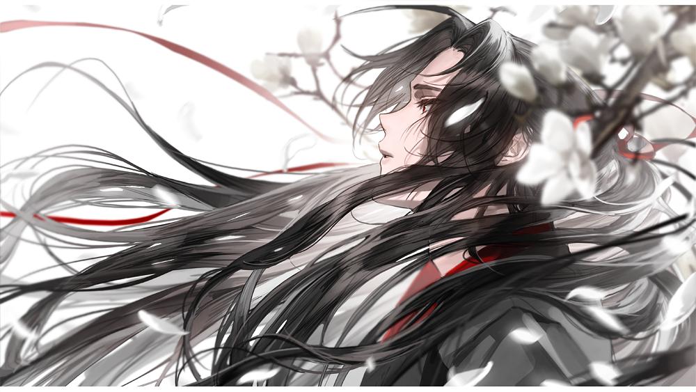 1boy, alternate_hairstyle, bishounen, black_hair, black_hanfu, blurry, branch, cherry_blossoms