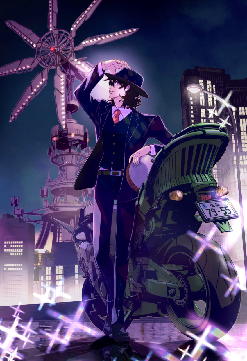 1boy, belt, black_hair, city, fuuto_(city), fuuto_tantei, hardboilder, hat