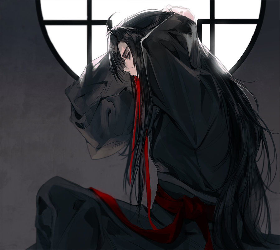 1boy, ahoge, arms_up, backlighting, black_hair, black_hanfu, black_robe, chinese_clothes