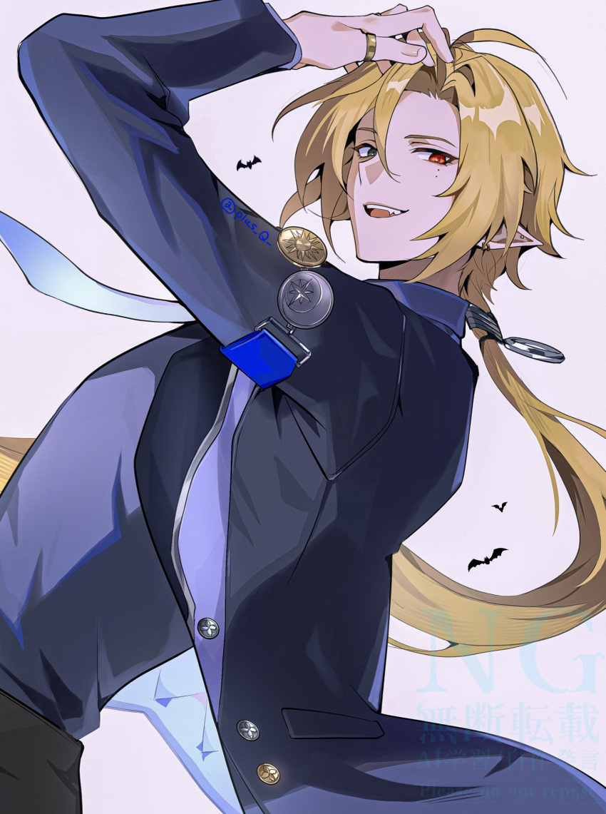 1boy, arm_up, black_jacket, blonde_hair, blue_shirt, commentary, fang, hair_between_eyes