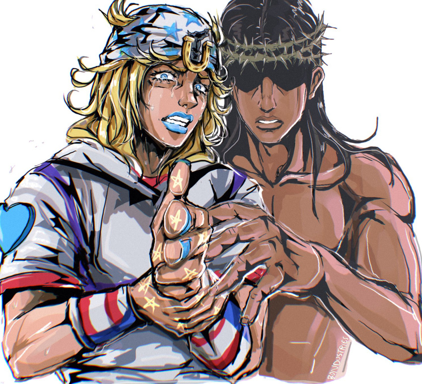 2boys, aiming, aiming_at_viewer, black_hair, blonde_hair, bondustries, crown_of_thorns, dark-skinned_male
