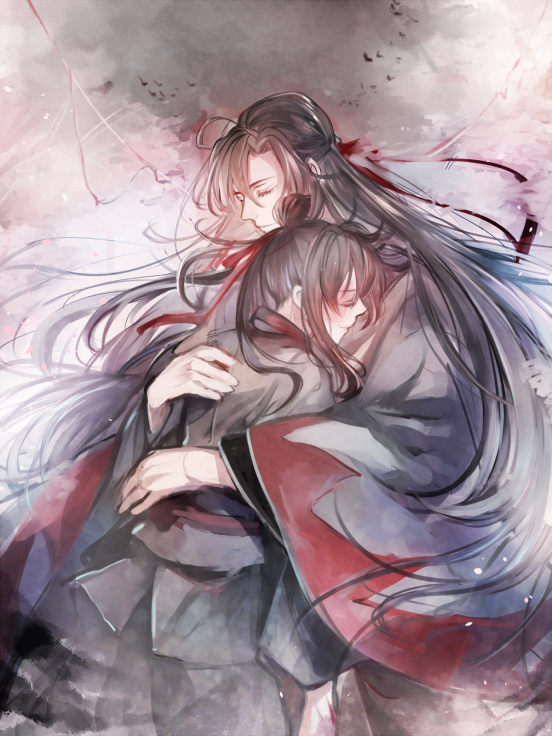 2boys, ahoge, bird, bishounen, black_hair, black_hanfu, chinese_clothes, closed_eyes