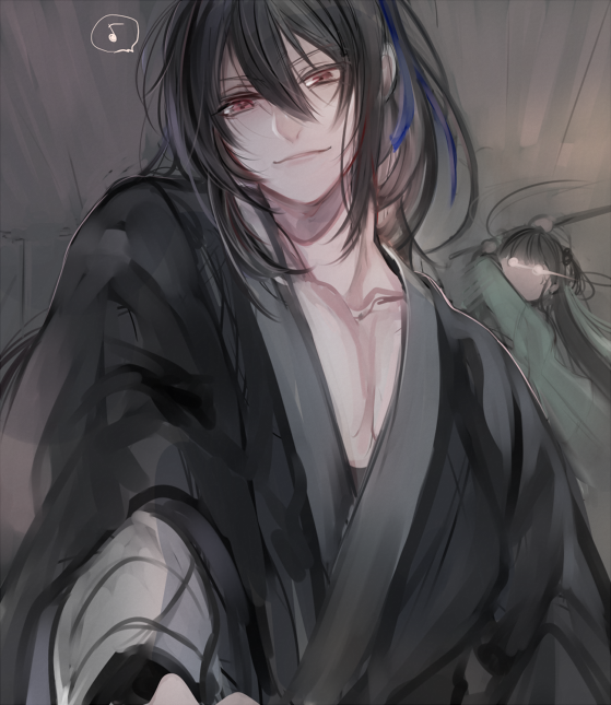 1boy, 1girl, a-qing, black_hair, black_hanfu, blue_ribbon, chinese_clothes, collarbone