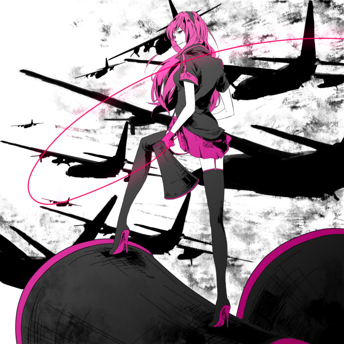 airplane, bad_id, garters, gloves, koi_wa_sensou_(vocaloid), long_hair, megaphone, megurine_luka