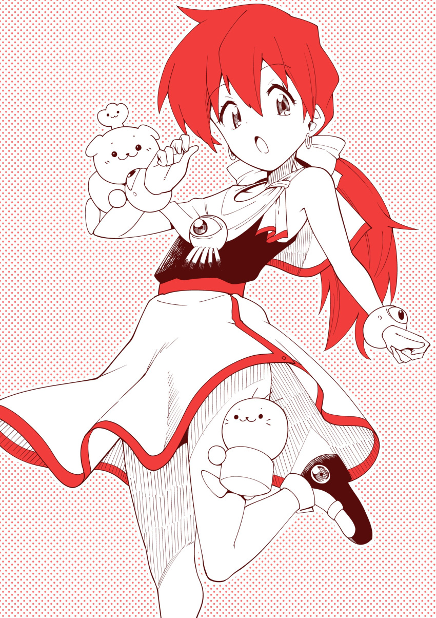 1girl, absurdres, bow, collarbone, dress, earrings, emiri_(gussun_oyoyo), greyscale, gussun_oyoyo, hair_bow, highres, jewelry, long_hair, looking_at_viewer, monochrome, open_mouth, ponytail, red_hair, skirt, spot_color, toku_sonchou
