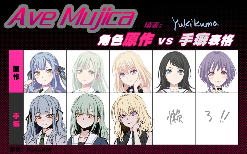 5girls, artist_name, ave_mujica_(bang_dream!), bang_dream!, bang_dream!_it's_mygo!!!!!, black_shirt, blazer, blonde_hair, blue_hair, blue_shirt, blush, chinese_commentary, collared_shirt, commentary_request, copyright_name, derivative_work, expressionless, green_hair, green_necktie, grey_jacket, hair_ribbon, hand_on_own_face, haneoka_school_uniform, highres, jacket, long_hair, medium_hair, misumi_uika, multicolored_hair, multiple_drawing_challenge, multiple_girls, necktie, official_art_inset, reference_inset, ribbed_shirt, ribbon, sailor_collar, school_uniform, seductive_smile, shirt, sketch, sleeveless, sleeveless_shirt, smile, split_mouth, togawa_sakiko, translation_request, tsukinomori_school_uniform, two-tone_hair, violet_eyes, wakaba_mutsumi, white_necktie, white_sailor_collar, white_shirt, wing_collar, winter_uniform, yellow_eyes, yukikuma_(yukikuma_018)