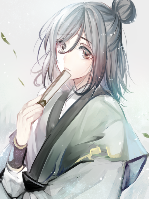 1boy, black_hair, brown_eyes, chinese_clothes, folded_fan, folding_fan, green_hanfu, grey_background