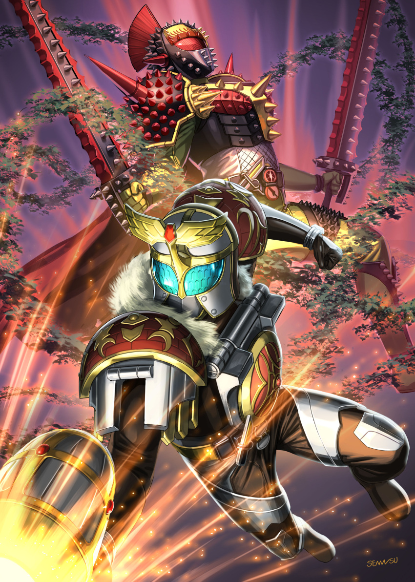 2boys, absurdres, black_bodysuit, blue_eyes, bodysuit, compound_eyes, fur_trim, giga_duri_noko