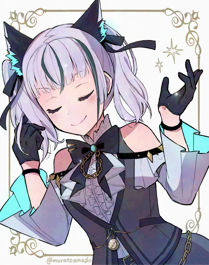 1girl, animal_ear_fluff, animal_ears, black_gloves, blunt_bangs, bow, closed_eyes, gloves, heaven_burns_red, highres, multicolored_hair, muratoamado, official_alternate_costume, smile, solo, streaked_hair, sugawara_chie, tail, twintails, vest, white_background, white_hair, wide_sleeves, wolf_ears, wolf_girl, wolf_tail