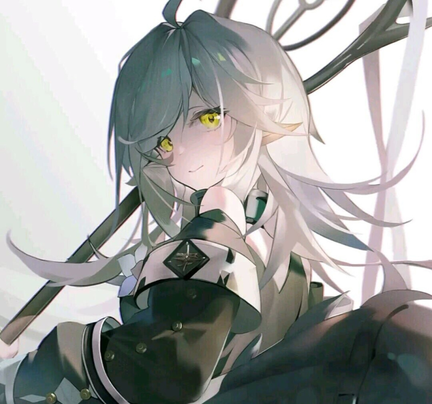 1girl, ahoge, bad_id, bad_weibo_id, black_dress, black_sleeves, closed_mouth, cowboy_shot