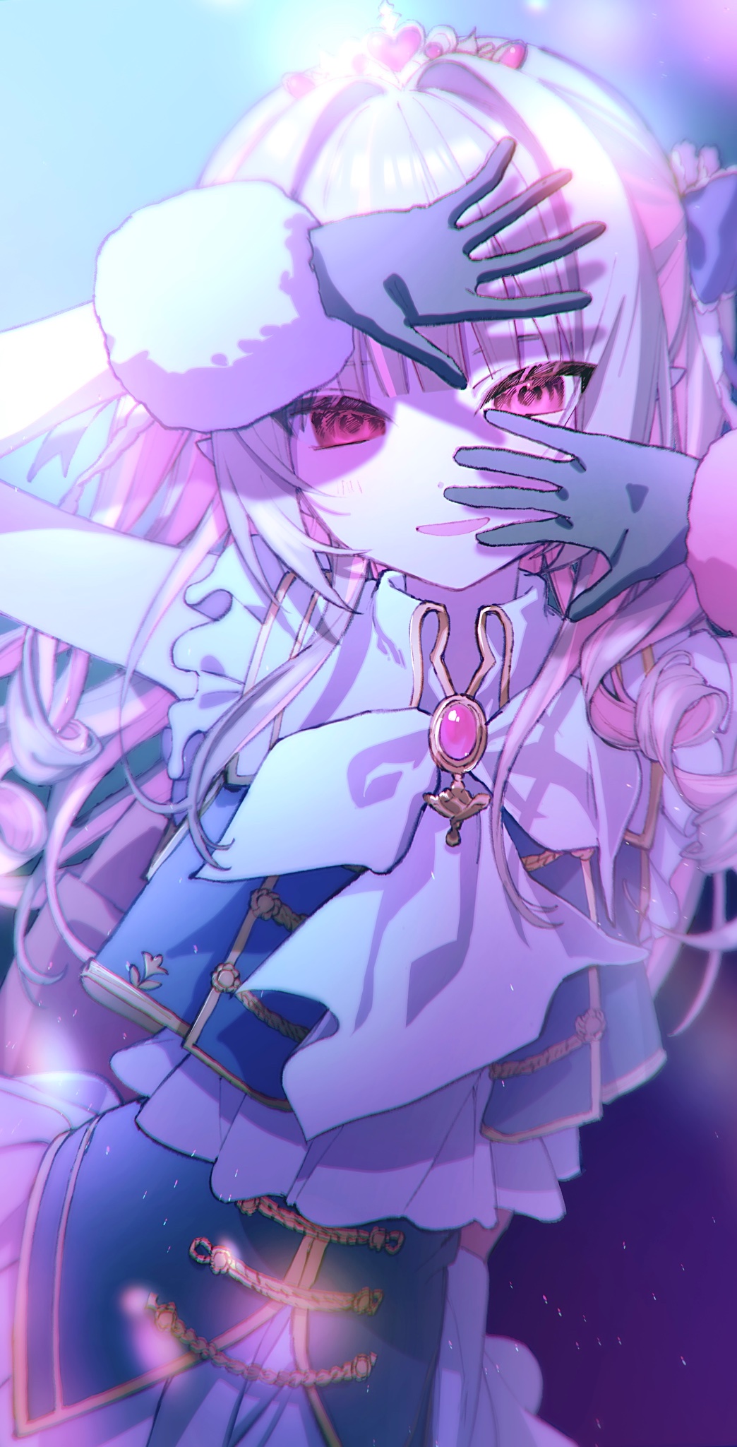 1_ma, 1girl, arms_up, black_bow, black_gloves, black_jacket, blunt_bangs, bow