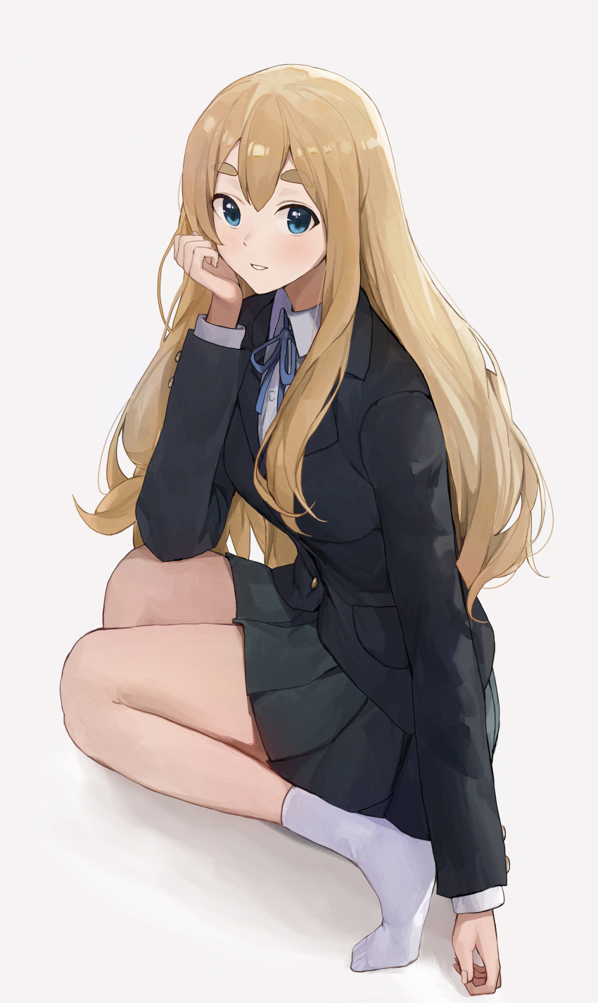 1girl, absurdres, black_skirt, blonde_hair, blue_eyes, blue_ribbon, grey_background, highres