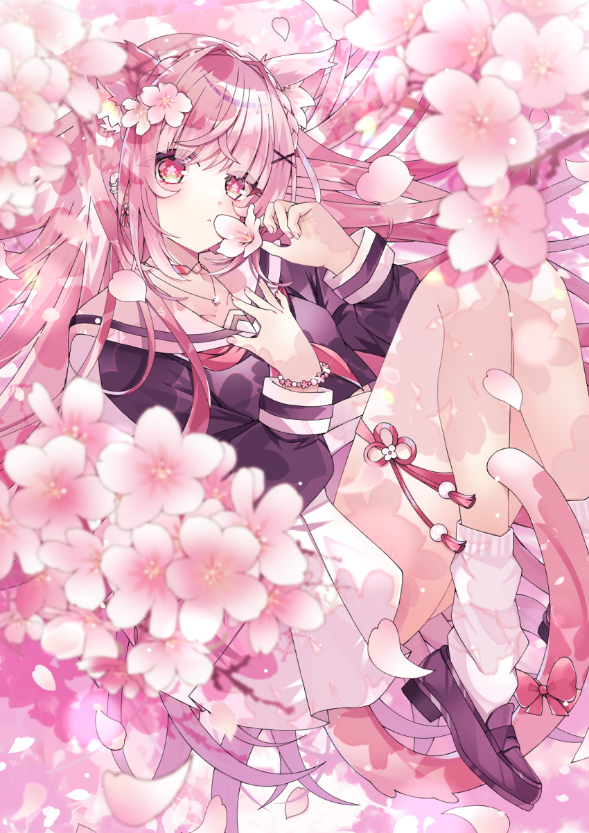 1girl, animal_ear_fluff, animal_ears, aoi_yugina, bead_bracelet, beads, black_shirt, bow