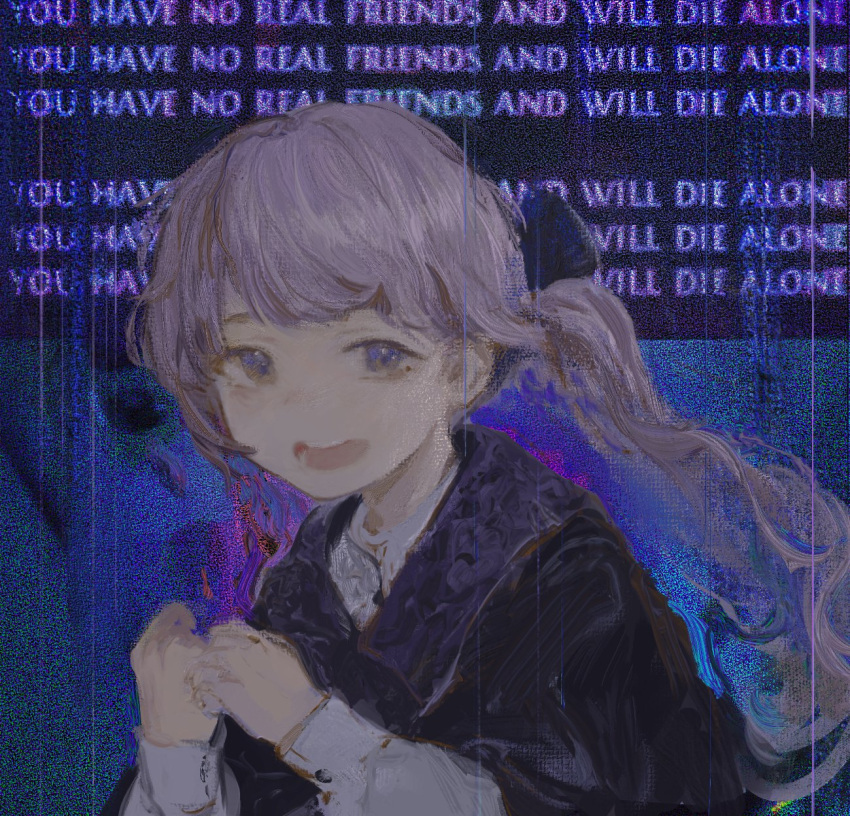 1girl, black_bow, black_capelet, blue_eyes, bow, capelet, chunkyeggy, grey_hair, hair_bow, hands_up, highres, lapwing_(vrchat), long_hair, long_sleeves, looking_at_viewer, open_mouth, ponytail, shirt, smile, solo, vrchat, wavy_hair, white_shirt
