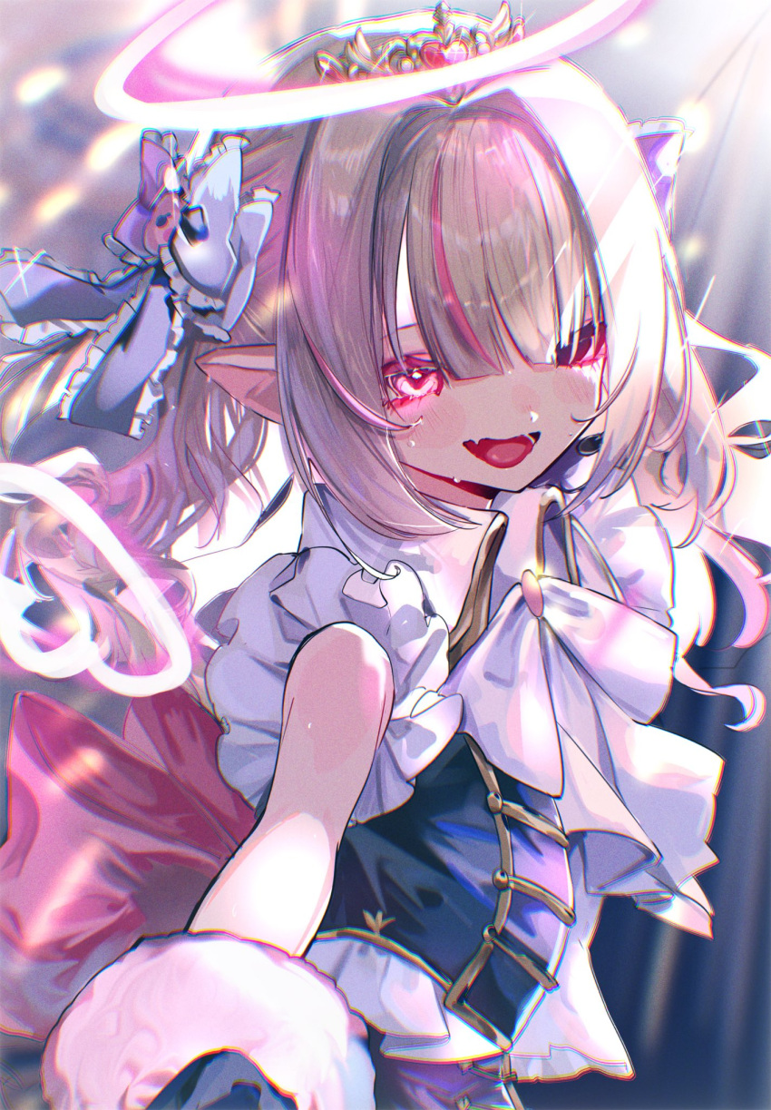1girl, :d, black_background, black_bow, black_gloves, black_jacket, blunt_bangs, blush