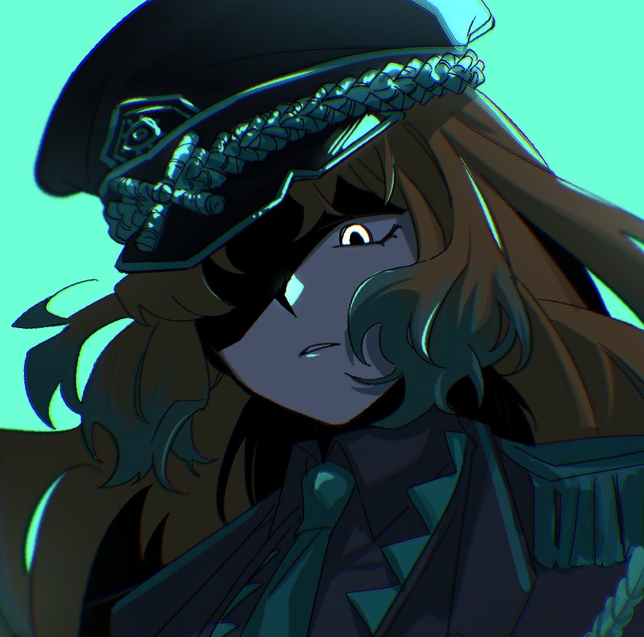 1girl, aqua_background, aqua_necktie, blind_obsession_(e.g.o), collared_shirt, colored_tips, e.g.o_(project_moon), eipenor