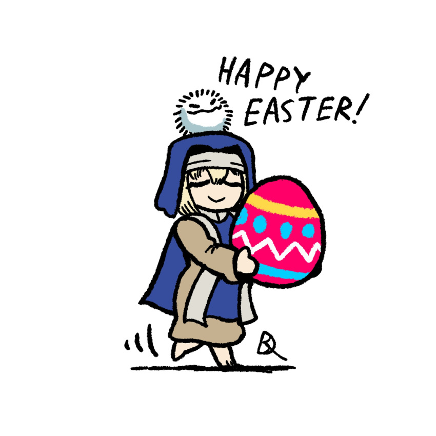 1girl, age_of_empires_ii, blonde_hair, closed_eyes, egg, happy_easter, highres, holding