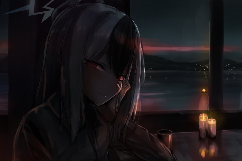 1girl, absurdres, black_hair, black_horns, blue_archive, candle, candlelight, closed_mouth, collared_shirt, commentary, dark, demon_girl, demon_horns, ear_piercing, earclip, elbow_on_table, grey_halo, hair_between_eyes, hair_down, halo, hands_on_own_face, head_rest, highres, horns, indoors, kayoko_(blue_archive), light_smile, long_hair, long_sleeves, looking_at_viewer, multicolored_hair, narrowed_eyes, night, piercing, red_eyes, shaded_face, shirt, shitsugaikotsu, sideways_glance, smile, solo, table, two-tone_hair, upper_body, white_hair, white_shirt, window