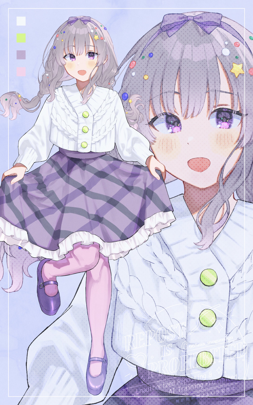 1girl, 965ma_mogumogu, absurdres, blue_background, blunt_bangs, border, bow, braid