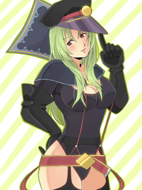 belt, black_legwear, black_thighhighs, breasts, brown_eyes, cleavage, elbow_gloves, garter_belt, garter_straps, gloves, green_hair, hat, head_tilt, kanaru, large_breasts, long_hair, peaked_cap, solo, star_driver, suspenders, thigh-highs, thighhighs, watanabe_kanako