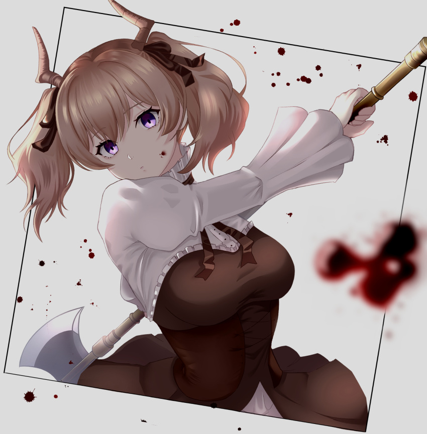 1girl, axe, battle_axe, blood, blood_on_face, breasts, brown_dress, brown_hair