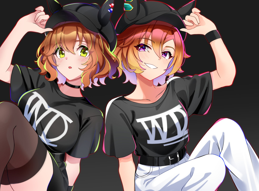 2girls, absurdres, alternate_costume, animal_ears, aston_machan_(umamusume), baseball_cap, black_background, black_choker