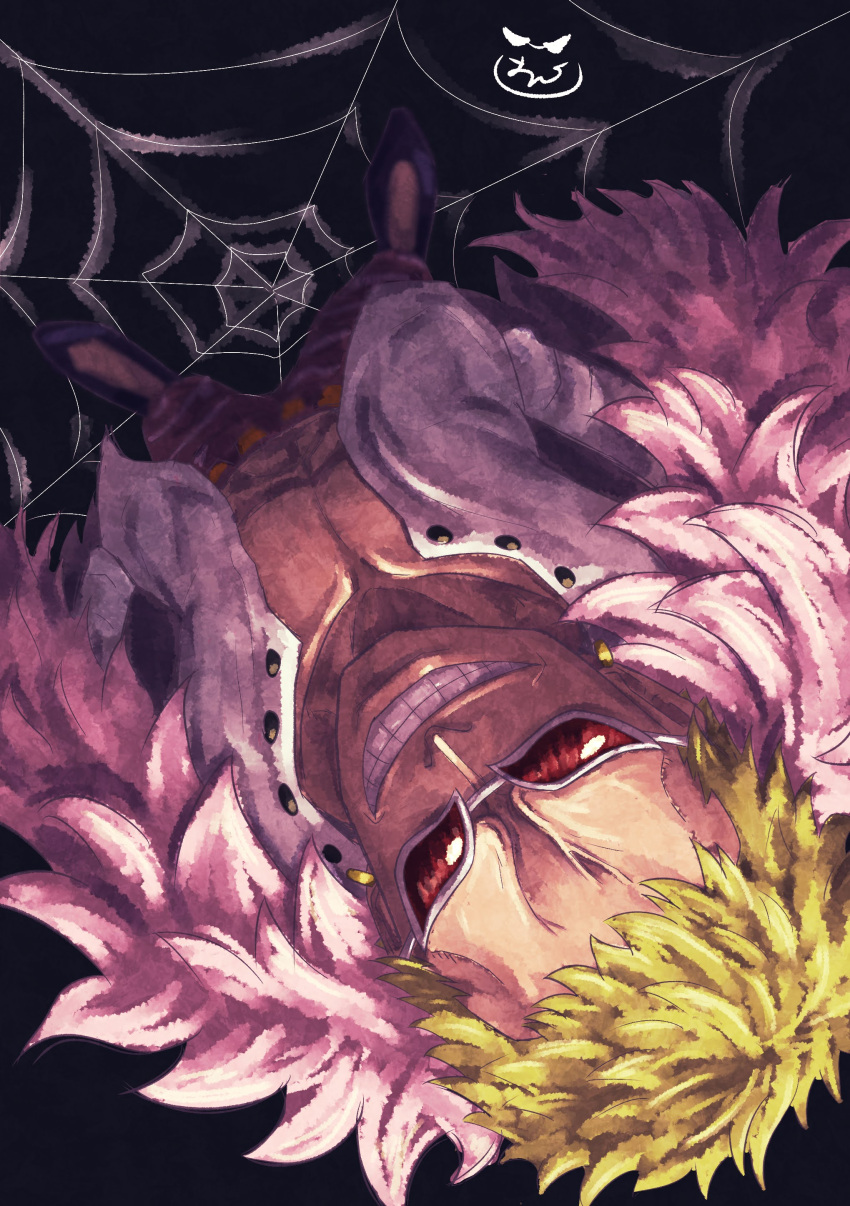 1boy, absurdres, black_background, blonde_hair, coat, donquixote_doflamingo, earrings, feather_coat