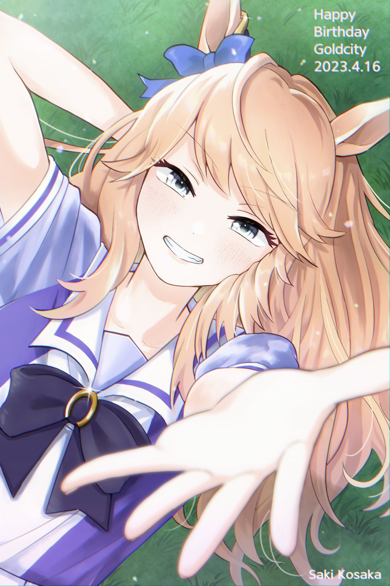1girl, animal_ears, artist_name, birthday, blonde_hair, blue_bow, blue_eyes, bow, dated, ear_bow, gold_city_(umamusume), happy_birthday, highres, horse_ears, horse_girl, horseshoe_ornament, kousaka_saki_(artist), long_hair, looking_at_viewer, outstretched_arm, puffy_short_sleeves, puffy_sleeves, purple_shirt, sailor_collar, sailor_shirt, school_uniform, shirt, short_sleeves, smile, solo, tracen_school_uniform, umamusume