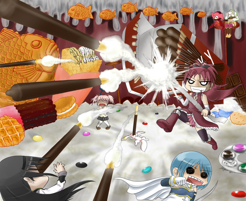 black_hair, blue_hair, charlotte_(madoka_magica), chocolate, crepe, food, headless, kaname_madoka