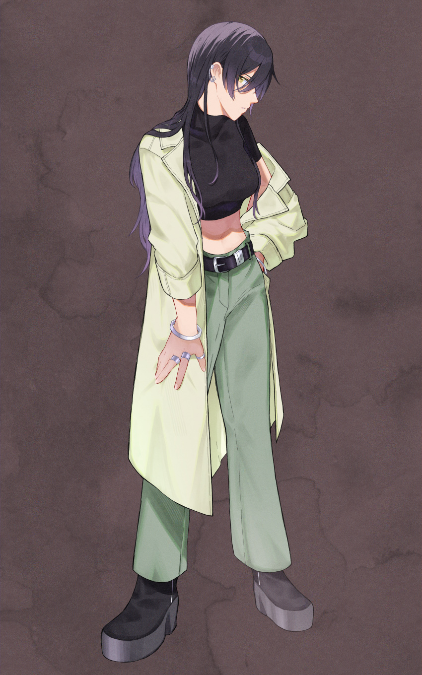 1girl, 965ma_mogumogu, absurdres, bangle, belt, black_background, black_hair, black_shirt