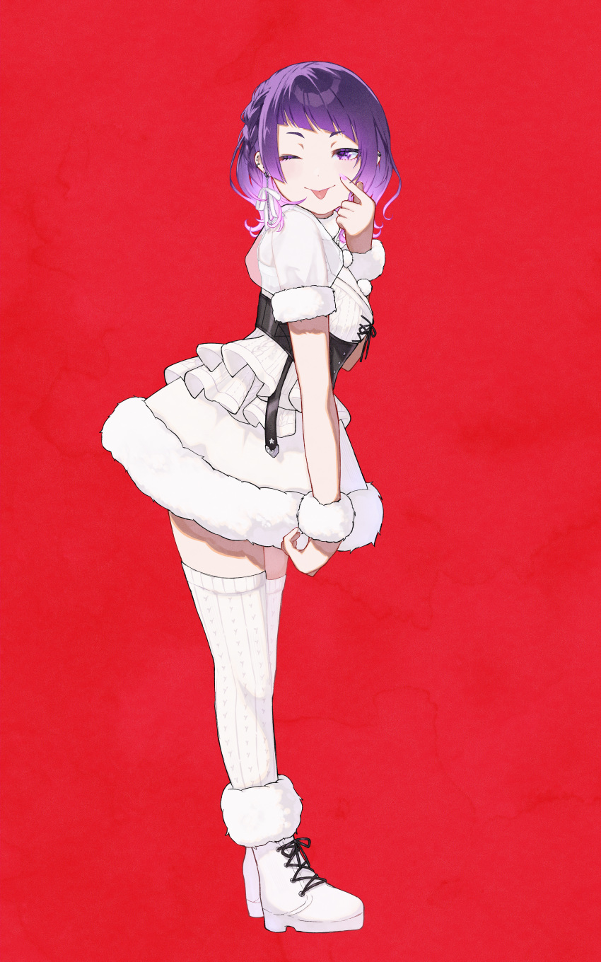 1girl, 965ma_mogumogu, ;p, absurdres, akanbe, alternate_hairstyle, black_corset, boots
