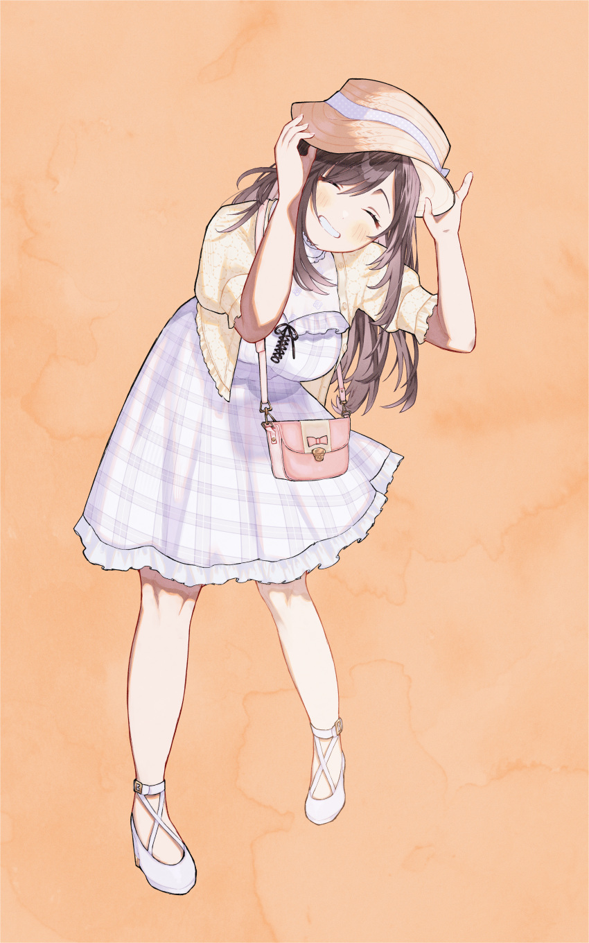 1girl, 965ma_mogumogu, ^_^, absurdres, adjusting_clothes, adjusting_headwear, bag, blue_dress