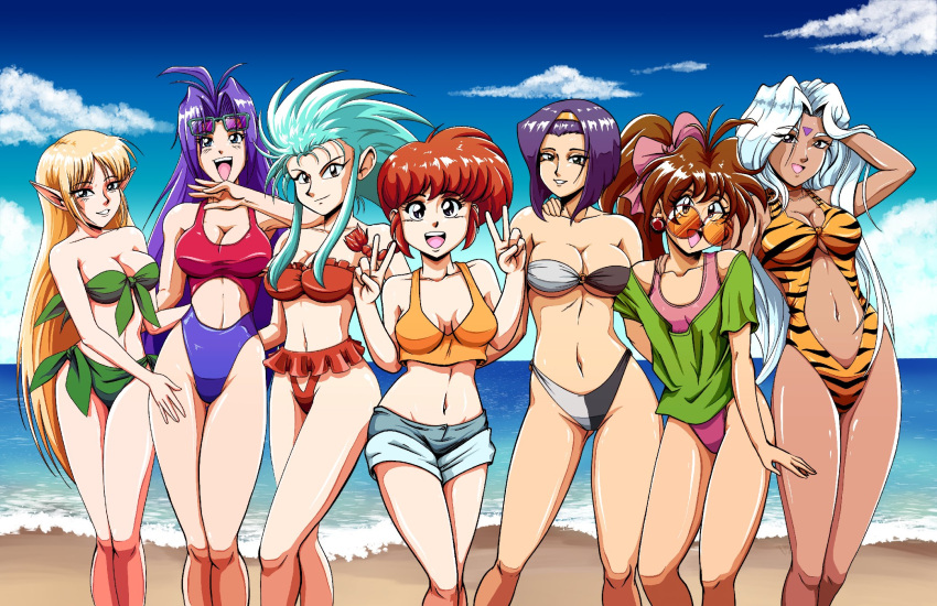 6+girls, aa_megami-sama, aqua_hair, beach, brown_hair, character_request, cowboy_bebop, cowboy_shot