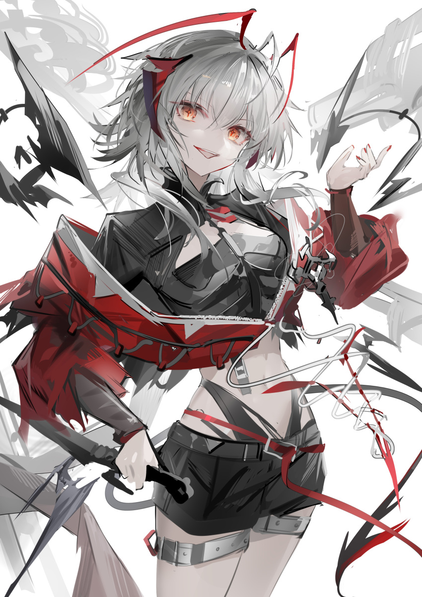 1girl, absurdres, antennae, arknights, commentary, dagger, hair_between_eyes, highres, holding, holding_dagger, holding_knife, holding_weapon, horns, jacket, knife, long_sleeves, luozhou_pile, midriff, nail_polish, navel, open_mouth, orange_eyes, red_jacket, red_nails, solo, star-shaped_pupils, star_(symbol), symbol-shaped_pupils, teeth, thigh_strap, upper_teeth_only, w_(arknights), weapon, wis'adel_(arknights)