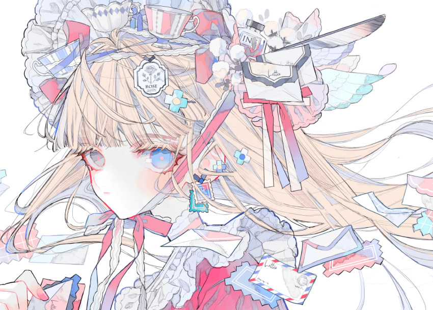 1girl, blonde_hair, blue_eyes, blunt_bangs, closed_mouth, commission, earrings, flower