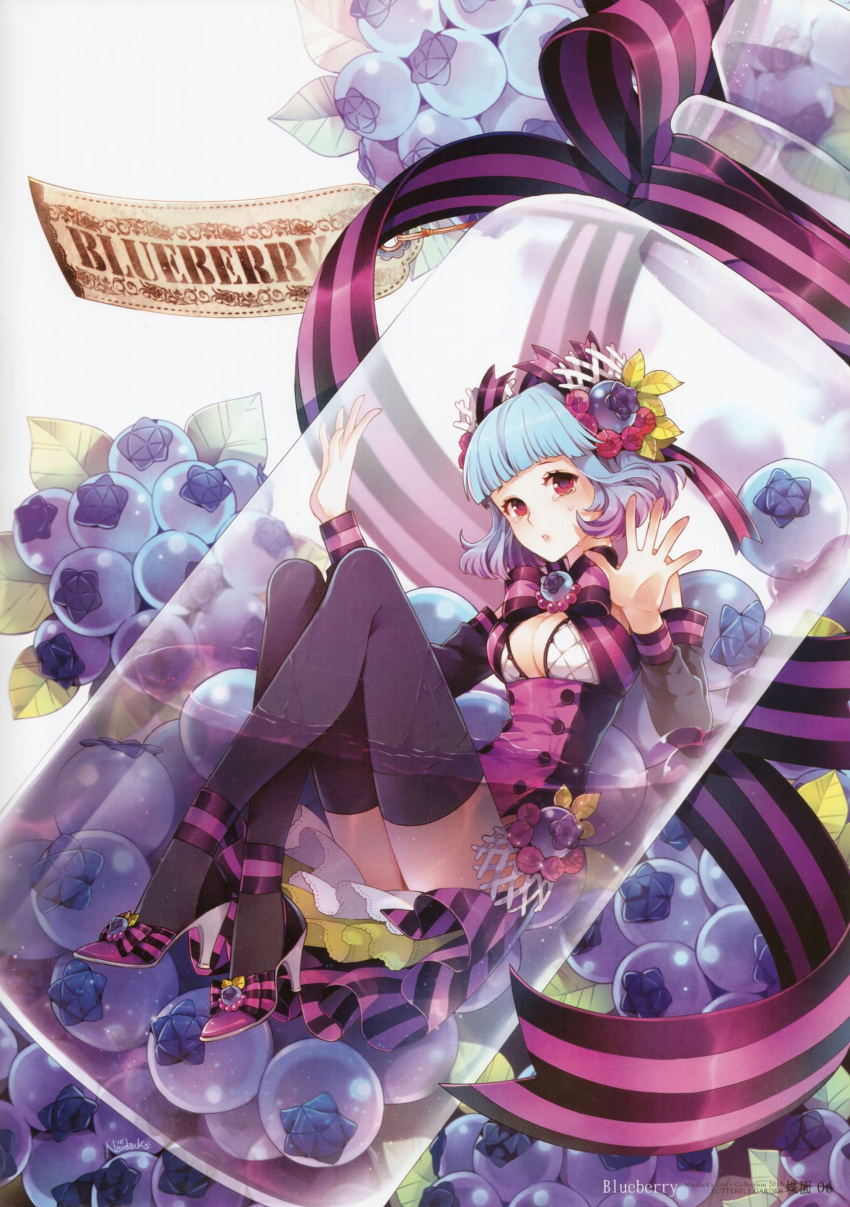 bangs, bare_shoulders, black_legwear, black_thighhighs, blue_hair, blueberry, blunt_bangs, blush