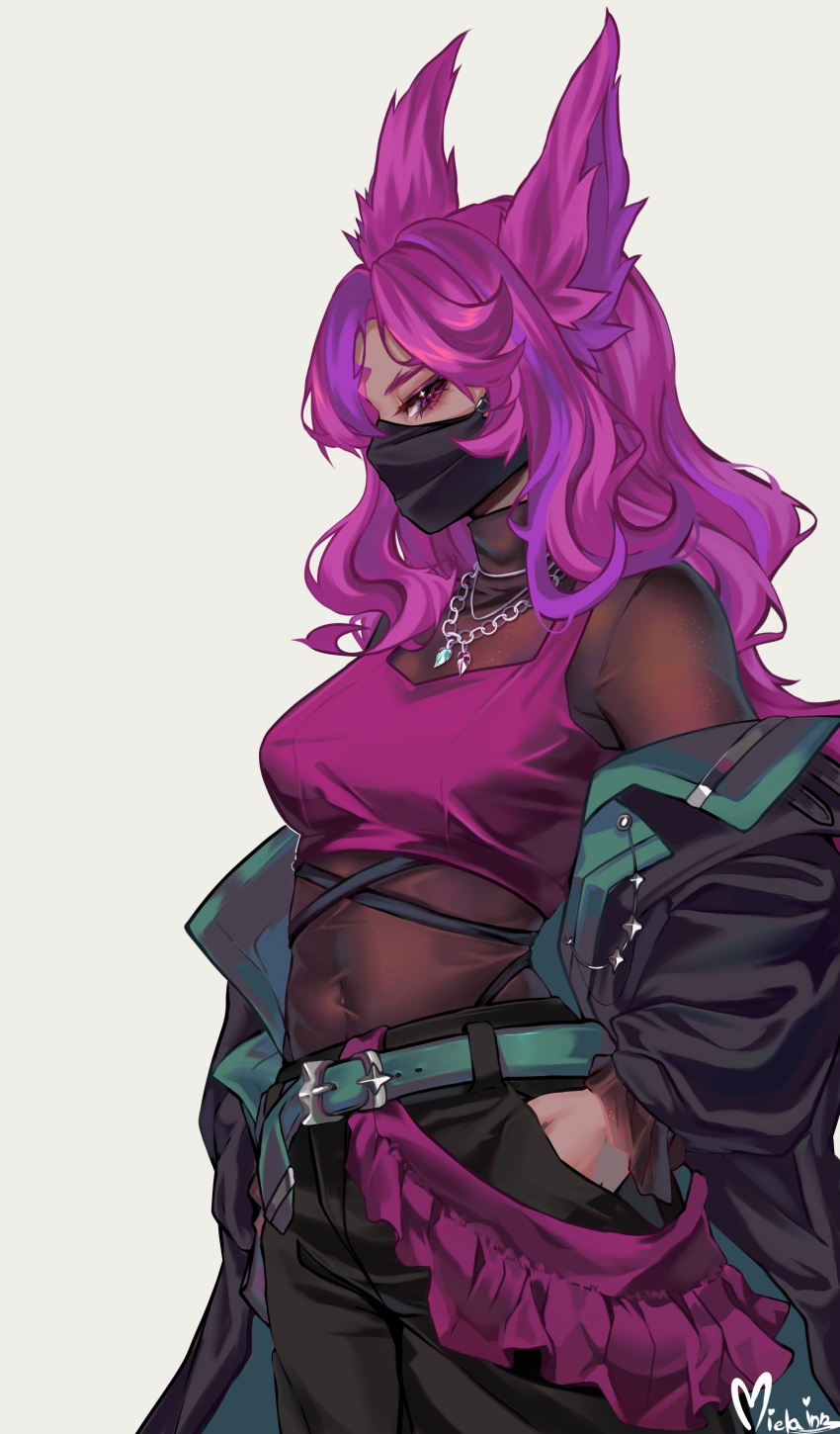 1girl, absurdres, alternate_costume, animal_ears, artist_name, belt, black_jacket, black_pants, black_shirt, breasts, covered_navel, cowboy_shot, crop_top, from_side, green_belt, highres, jacket, large_breasts, league_of_legends, long_hair, long_sleeves, mask, miela_(mielaink), mouth_mask, pants, pink_hair, profile, red_hair, shirt, simple_background, solo, white_background, xayah