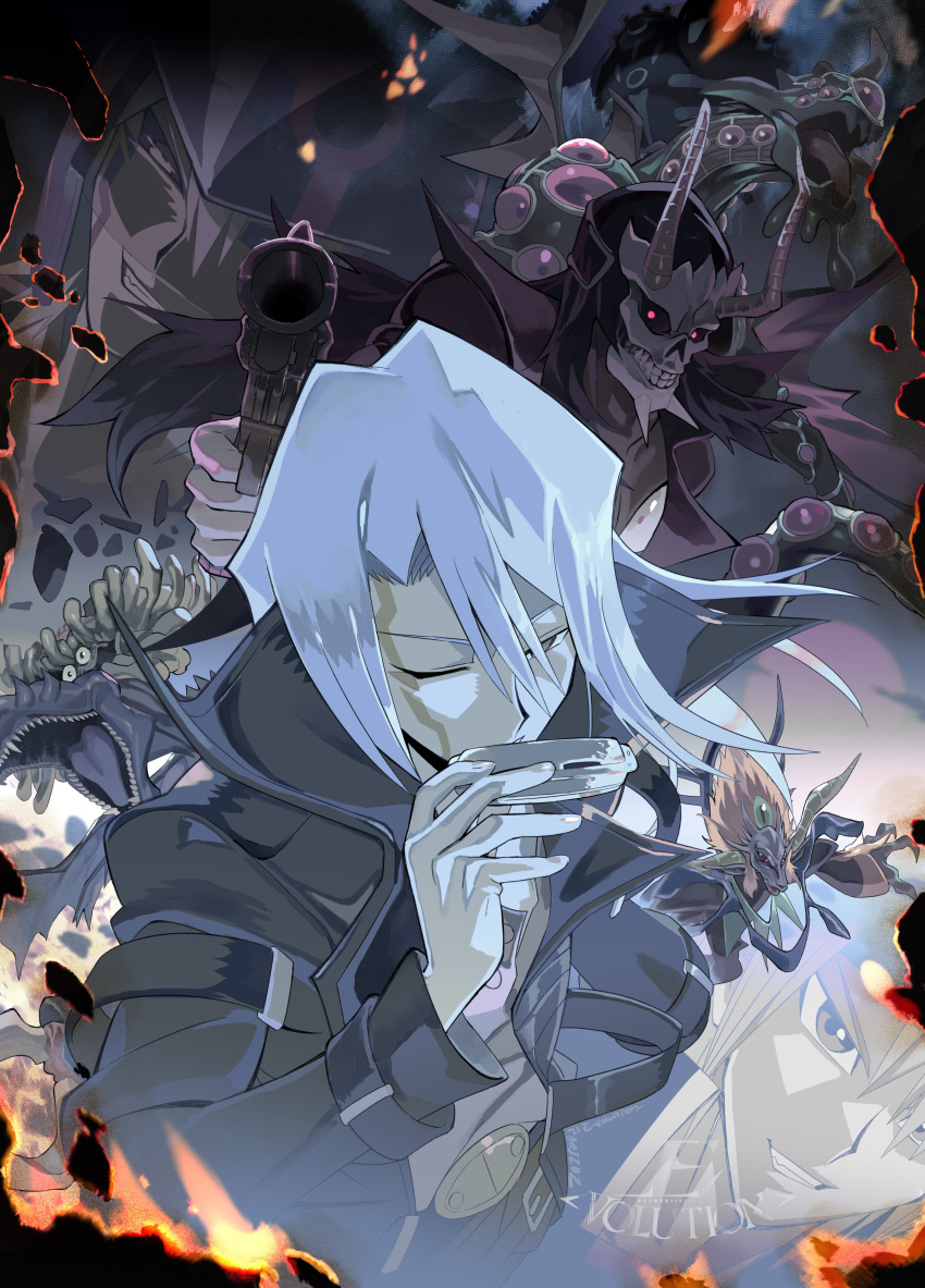 2boys, absurdres, artist_logo, belt_buckle, black_coat, buckle, character_request, coat, cowboy_shot, e_volution, glowing, glowing_eyes, grey_hair, gun, harmonica, highres, holding, holding_gun, holding_weapon, infernity_doom_dragon, instrument, kiryu_kyosuke, logo, male_focus, medium_hair, multiple_boys, multiple_views, one_eye_closed, red_eyes, solo_focus, upper_body, weapon, yu-gi-oh!, yu-gi-oh!_5d's