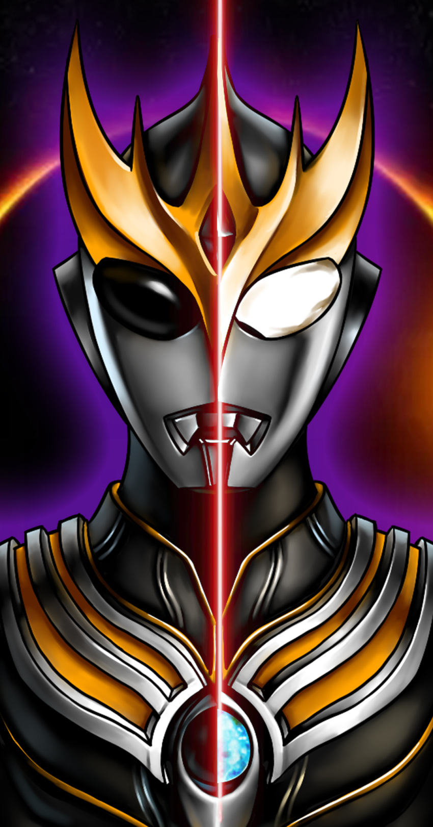 1boy, alien, alternate_design, armor, aura, black_armor, black_background, black_eyes
