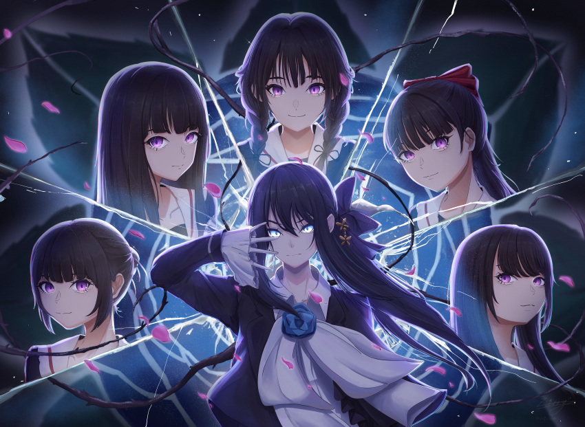 6+girls, absurdres, ado_(utaite), aegyo_sal, black_hair, blue_eyes, blue_flower, blue_rose, bow, braid, chando_(ado), commentary, falling_petals, flower, hair_bow, hand_up, highres, hisui_(phantom_siita), long_hair, long_sleeves, looking_at_viewer, miu_(phantom_siita), moka_(phantom_siita), mona_(phantom_siita), multiple_girls, petals, phantom_siita, ponytail, red_bow, rinka_(phantom_siita), rose, sailor_collar, short_hair, sidelocks, sleeves_past_wrists, twin_braids, utaite, violet_eyes, white_sailor_collar, zing_(zingart)