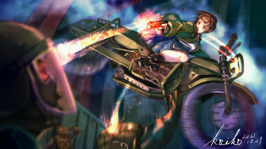 1girl, 2023, brown_hair, commentary, dated, english_commentary, gun, highres