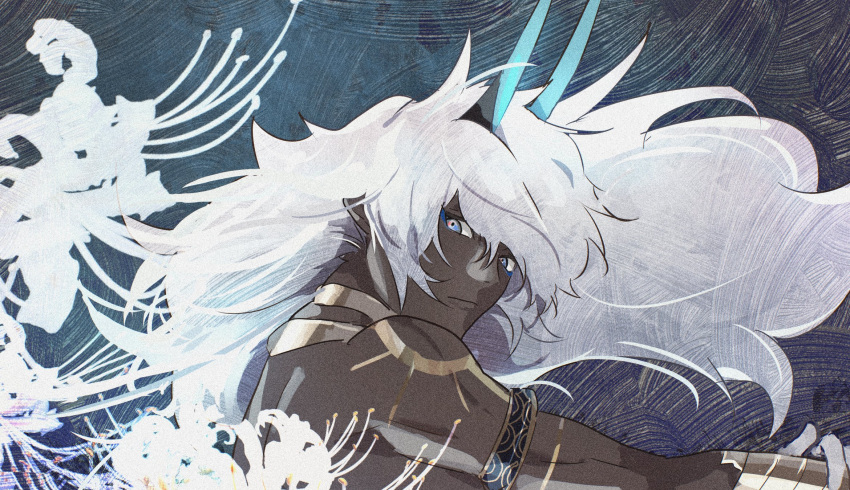 1boy, arjuna_(fate), arjuna_alter_(fate), armlet, blue_eyes, blue_eyeshadow, blue_horns, dark-skinned_male