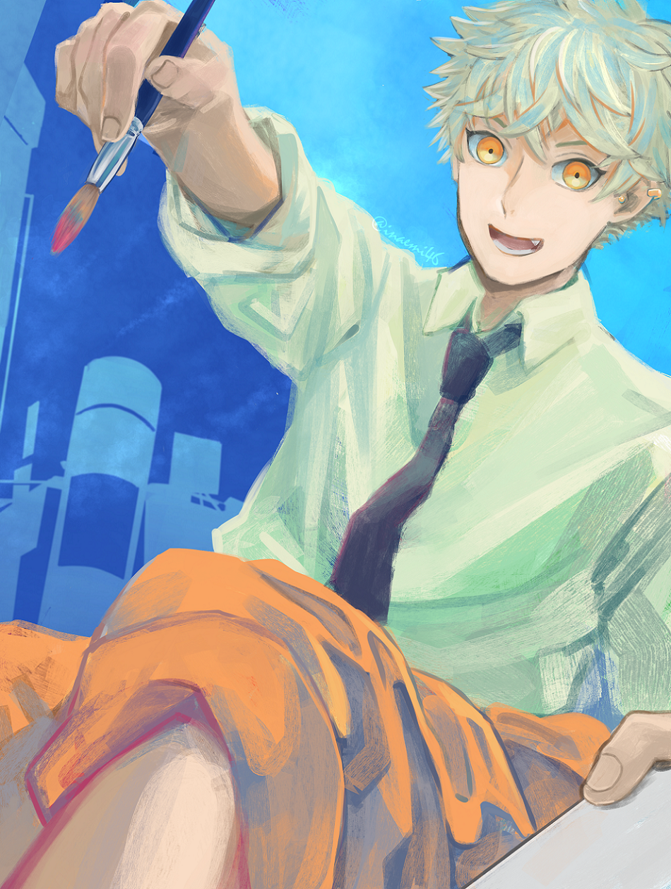 1boy, artist_name, black_necktie, blue_background, blue_period, collared_shirt, highres, holding